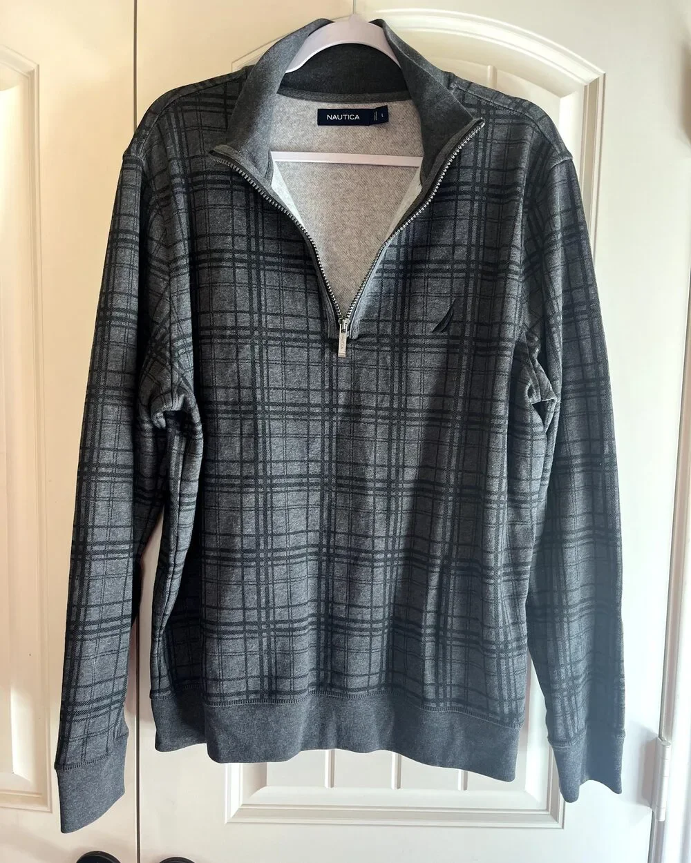 Nautica Gray Plaid Quarter Zip Pullover Sweater Men’s L Preppy